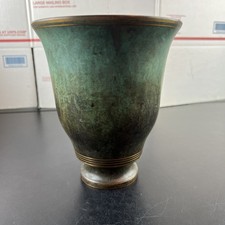 Antique Signed Carl Sorensen  Bronze  Footed 7” Vase Verdigris  Stamped 1422 picture