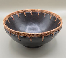 Vintage Sasak Indonesian Pottery Bowl - Woven Rattan Rim - Black Clay Tribal Art picture
