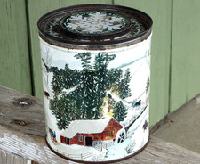 Vintage (1959) Grandma Moses Winter Scene Kitchen Tin Can Jar picture