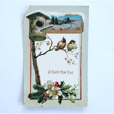 Antique Holiday Postcard New Year Birds Flowers Farm Snow Vintage Germany 1900s picture