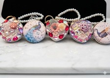 Lot of 5 Rhinestone Peacock Compact Mirrors w/ Keychains, Round & Heart picture