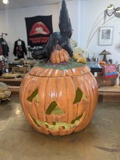 Vtg 1979 Scioto Molds Ceramic Halloween Pumpkin Jack O Lantern Black Cat Lid picture