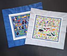 VTG Hmong Story Cloth Pair Hand Embroidered Paj Ntaub Village Animals Folk Art picture