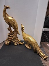 Vintage Syroco & Attributed Gold Peacock Figurines Pair Hollywood Regency picture