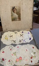 Vintage Society Silk Doilies Cocktail Rounds Hand Embroidered Set 6 Box New picture