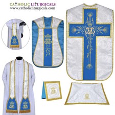 Marian Blue With Silver Brocade Marian Chasuble Vestment Fiddleback 5pc mass set picture