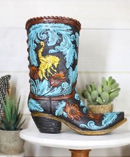 Turquoise Floral Scroll Lace W/ Rearing Horse Cowboy Boot Vase Planter Figurine picture