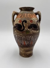 Vintage Amphora Style Vase with Swans & Geometric Pattern Double Handle Pottery picture