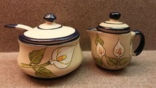 UNUSED COVERED POTTERY SUGAR BOWL & SPOON AND COVERED CREAMER LILY DESIGN   picture