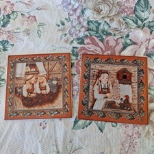 Vintage Pair Of Norway Suzanne Toftey Rice Pudding Kids Tile, Signed 2000 picture