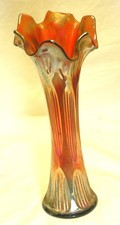 Fenton Fine Rib Vase Marigold Iridescent Carnival Glass Swung Fluted picture