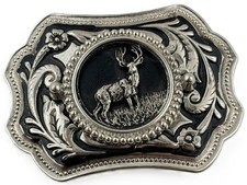 Vtg Western Deer Stag Floral Scroll Engraved Silver Tone Belt Buckle Hunter Gift picture