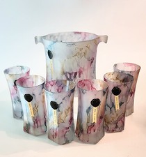 RARE Vintage Cristalrov Marbleized Frost Barware Set Ice Bucket+ 6 Glasses ITALY picture