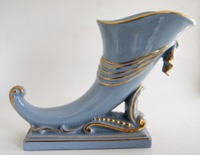 Vintage Periwinkle Blue Ceramic Horn of Plenty Cornucopia Vase with Gold Trim picture