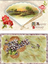 2~ca1910's Postcards A HAPPY BIRTHDAY Fan/Farm & Violets EMBOSSED Greetings picture