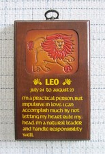 Vintage 1978 Wallace Berrie Leo the Lion Zodiac Wall Art Plaque Wood & Leather picture
