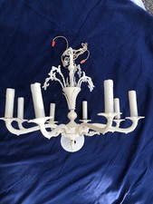 Vintage Ornate Ivory Painted Hanging Iron 8 Arm Chandelier Light Fixture picture