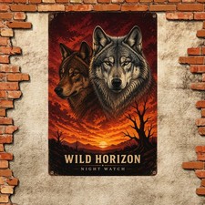 Wolf Portrait Dual Portrait Fiery Sunset Art Metal Tin Wall Art Plaque picture
