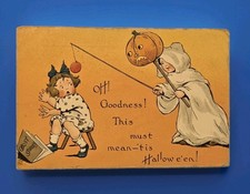 Vintage TUCK'S Halloween Postcard No.188 Boy Scaring Girl W/JOL on Stick 1915 picture