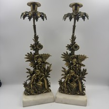 Pair Antique Gilt Bronze Figural Candlesticks Marble Base Romantic Couple 19th C picture
