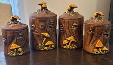Vtg Treasure Craft Mushroom Tree Stump Toadstool Jar Canister Storage USA Set -4 picture