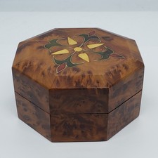 Vintage Octagonal Inlaid Burlwood Burl Wood Trinket Stash BOX picture
