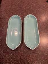 2pc fiesta Ware HLC Relish Tray Corn Holder Utility Turquoise Green 9-1/2