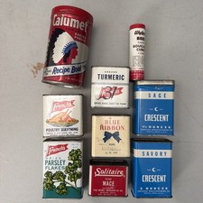 Old Kitchen Vtg spice Tin Can Lot 9 , 40’4 50’s French’s Blue Ribbon Crescent picture