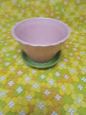 Vintage Shawnee USA 535 Pink & Green Ribbed Flower Planter with Attached Saucer picture