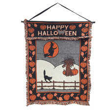Vtg 90s HAPPY HALLOWEEN Tapestry Woven MWW Wall Hanging WITCH Moon Cat 1991 Rare picture