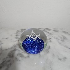 Vintage Cobalt Blue w/Bubbles Masonic Symbol Clear Glass Paperweight picture