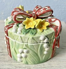 VTG Fitz and Floyd Lily of the Valley Red Bow Porcelain Round Trinket Box NOS picture