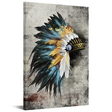 sechars Native American Wall Art Feathered Chiefs Headdress Painting on Canva... picture