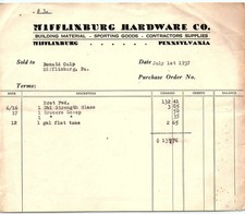 1937 Mifflinburg Hardware Co. Billhead picture