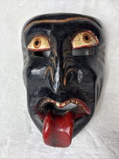Vintage Mexican Hand Carved Wood Dance Mask Diablo Devil Black Tongue Out picture