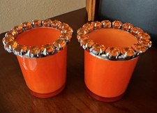 Vintage Pair Of MCM Hollywood Regency Glass Votive Holders W/Amber Rhinestones picture