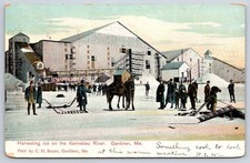 Antique Maine Postcard GARDINER Kennebec River Ice Harvesting 1908 picture