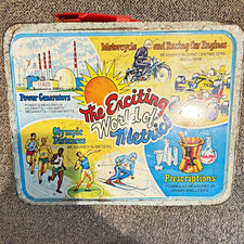 Thermos Metal Lunchbox The Exciting World of Metric Decimal Measuring Red Handle picture