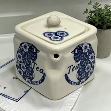 Royal Crownford Staffordshire England Blue Calico Cat Cube Teapot Vintage picture