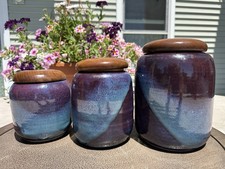 3 Mid-Century Modern Art Studio Pottery Canisters Purple Blue Glaze Wood Lids picture