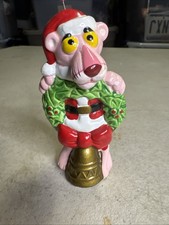 Vtg UAC Geoffrey Korea Pink Panther Ceramic Christmas Ornament Wreath & Bell picture