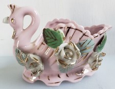 Vintage Pink Swan Planter Figural Floral Porcelain 5