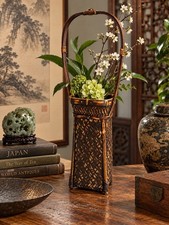 Vintage Japanese Ikebana Hanakago Bamboo Flower Basket Woven 16” Tall picture
