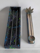 iridescent metallic or glazed ceramic incense burner leaf-shaped at one end picture