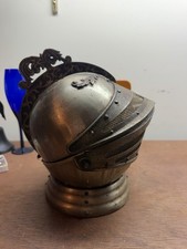 Vintage Knight Helmet Style Silver Metal , Red Lined, Barware with shot glasses picture