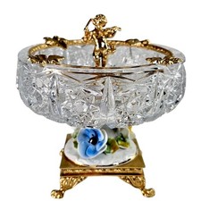 VTG Baroque Regency Crystal Pedestal Gilded Ashtray Cherub Porcelain Flowers 6