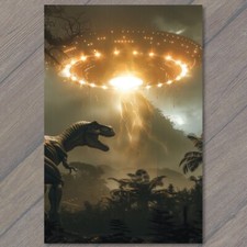 POSTCARD UFO Dinosaur Alien Flying Saucer T Rex Weird Unusual Strange Funny picture