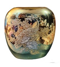 Japanese Gold Gilt Porcelain Peacock Motif Vase. 3 3/8