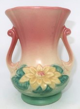 HULL American Pottery WATER LILY, #L4, Peach, Green, Yellow Matte Vase, 6 1/2