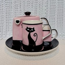 Vintage Hues n Brews Cattitude Pink & Black Cat Tea 4 One: Set Complete Mint MCM picture